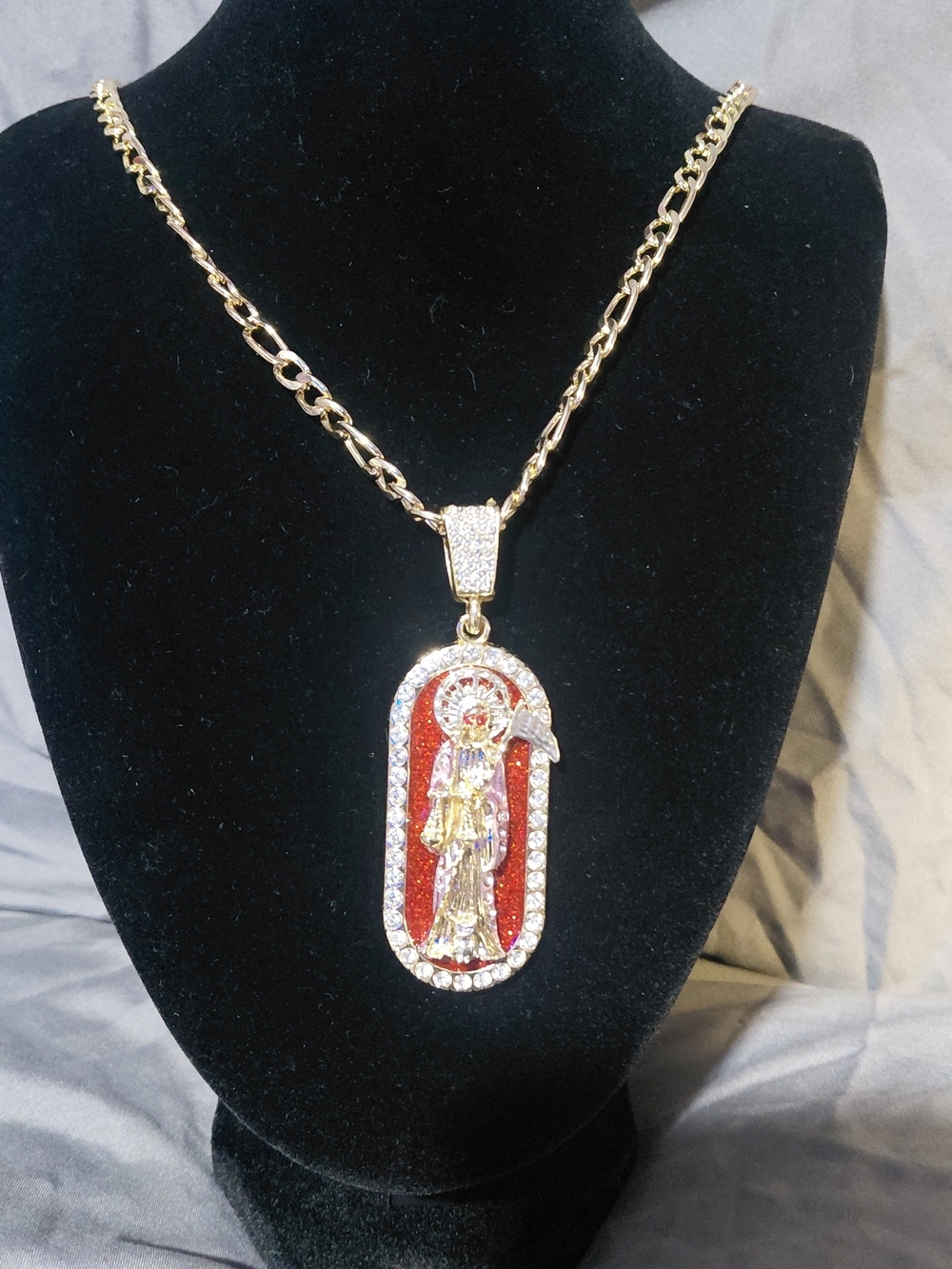 Gold-Tone Red Saint Pendant Necklace